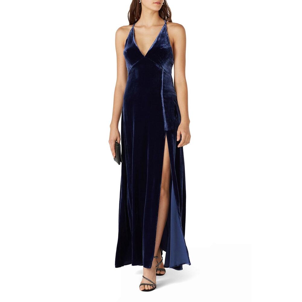 Neon Blonde Vapour Blue Velvet Sleeveless V-Neck Cocktail Maxi Gown Size Large